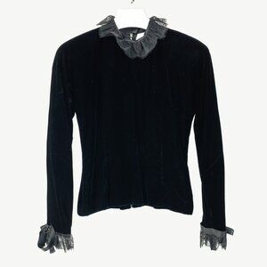 Carolyne Roehm Vintage Black Velvet Lace-Trim Top